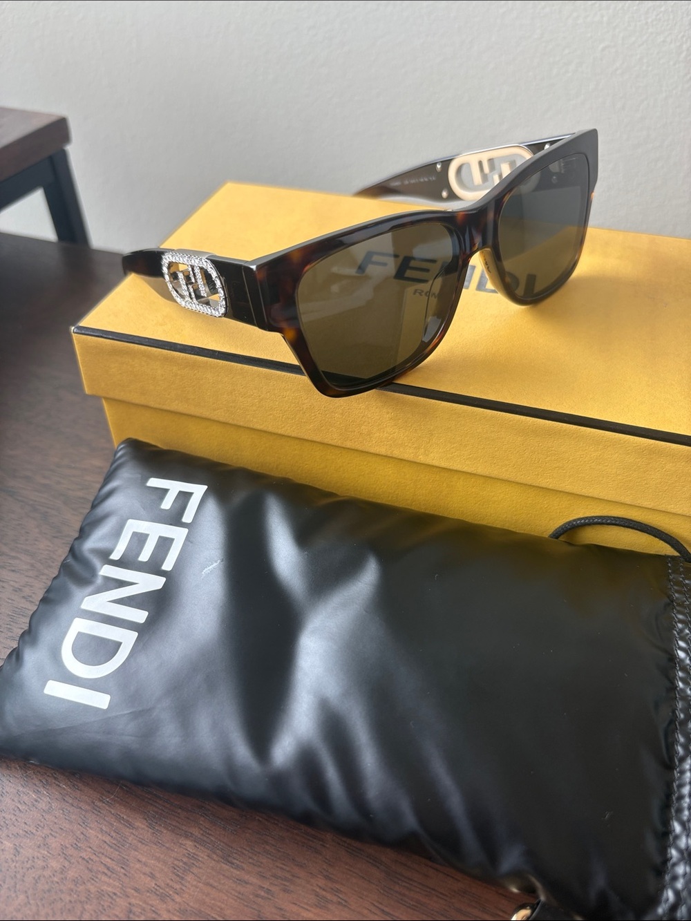 Fendi O’Lock FN000665 FF Logo Tortoise Yellow Crystal Rectangle Sunglasses 54mm